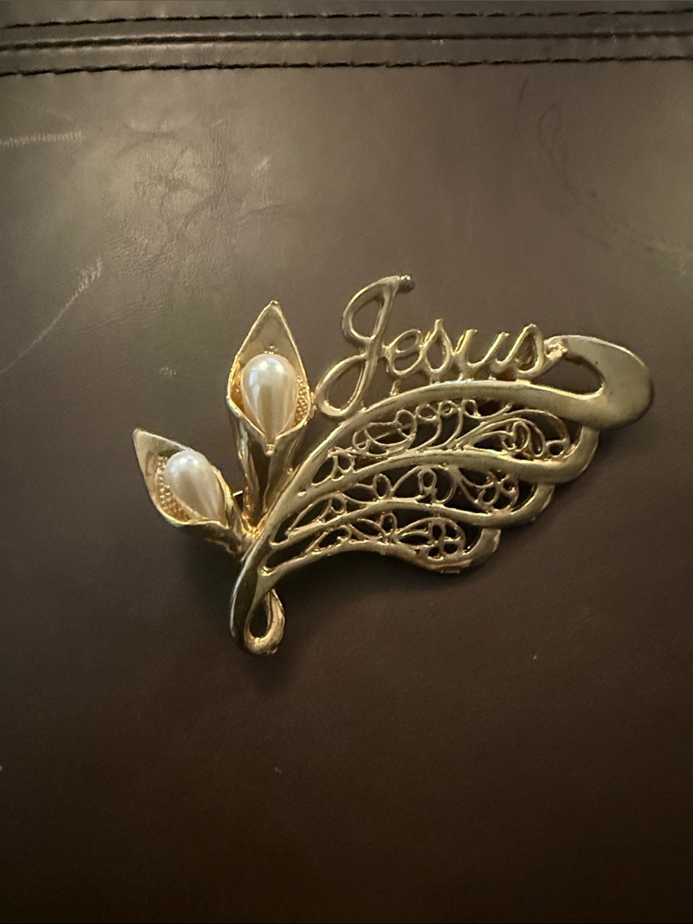 Gold Jesus Script Brooch with Pearl Flower Accents